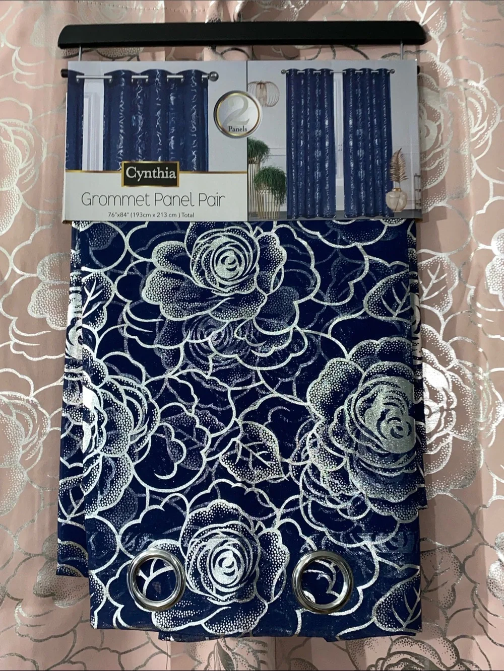 Cynthia Metallic Print Window Panel Set – Navy & Silver 76